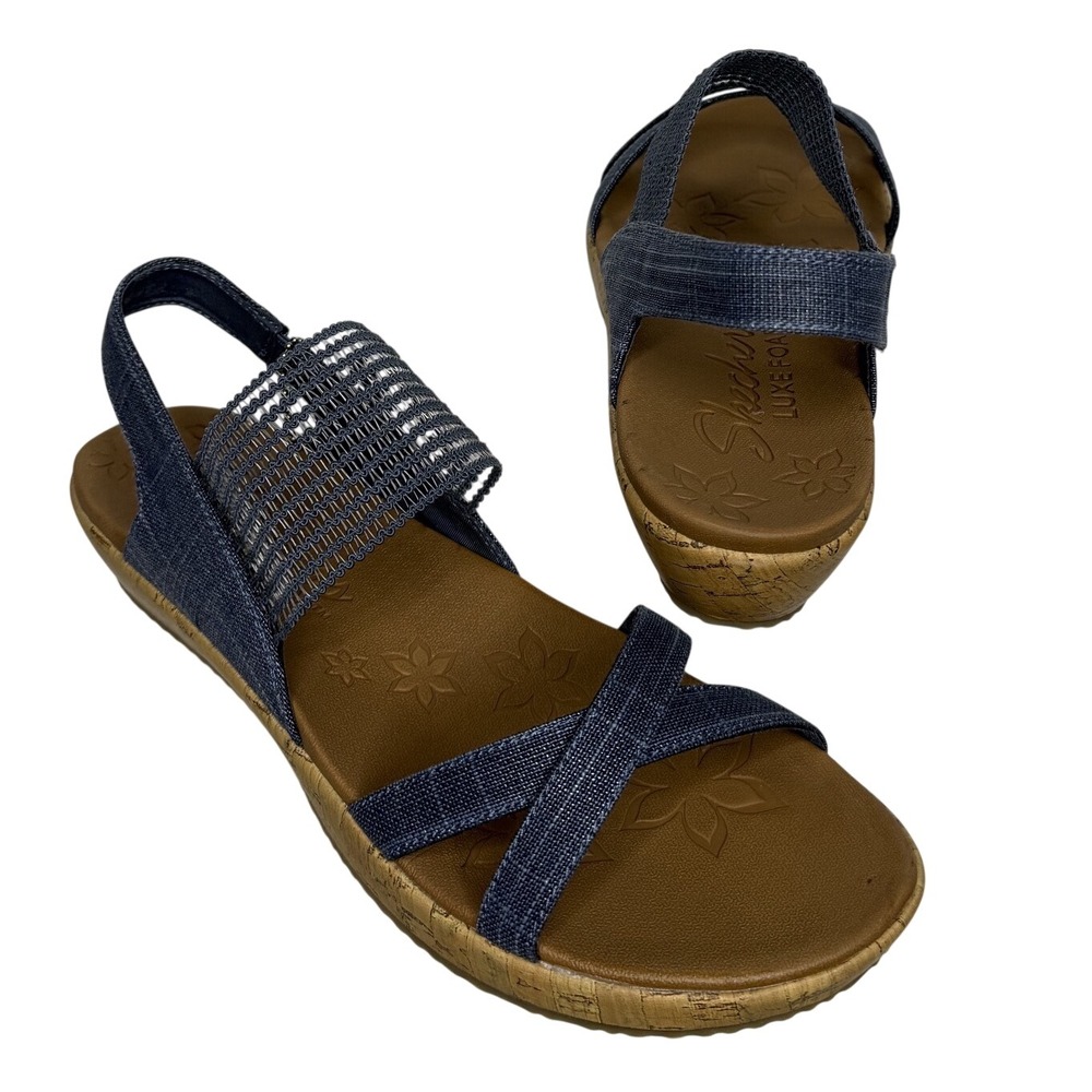 Skechers Brie Dawdle Sandals Womens 9 Navy Textile Wedge Comfort Slingback 32829 - Picture 4 of 12